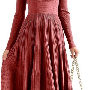 Womens Ribbed Knit Midi Dress V Neck Pleated Fit Flare Elegant Long Sleeve